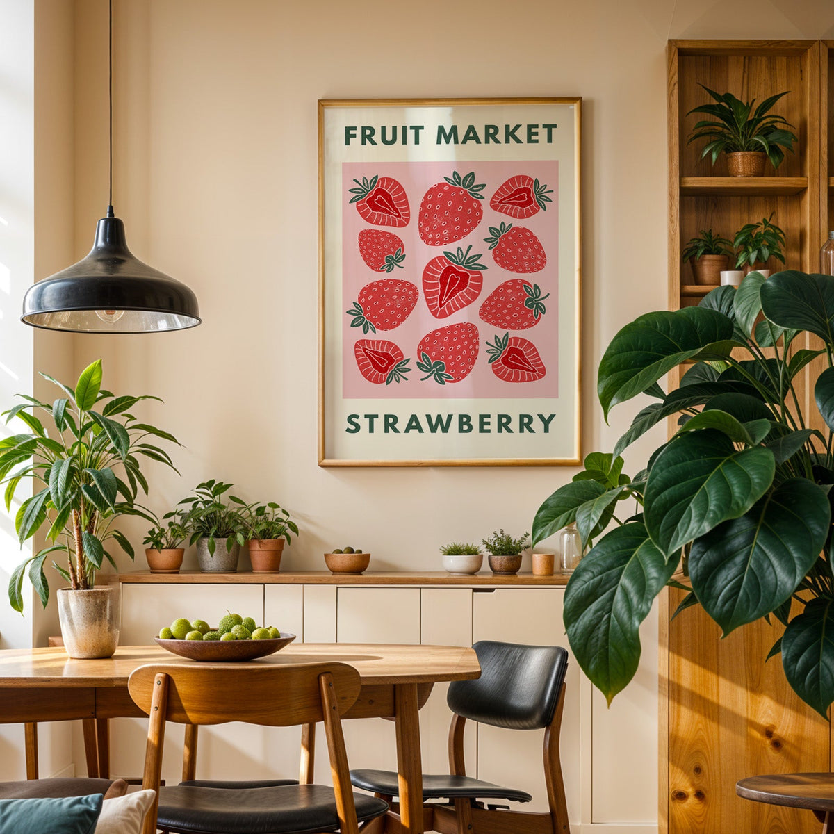Fruit Market strawberry print in an oak frame in a dining room above a plant-lined sideboard
