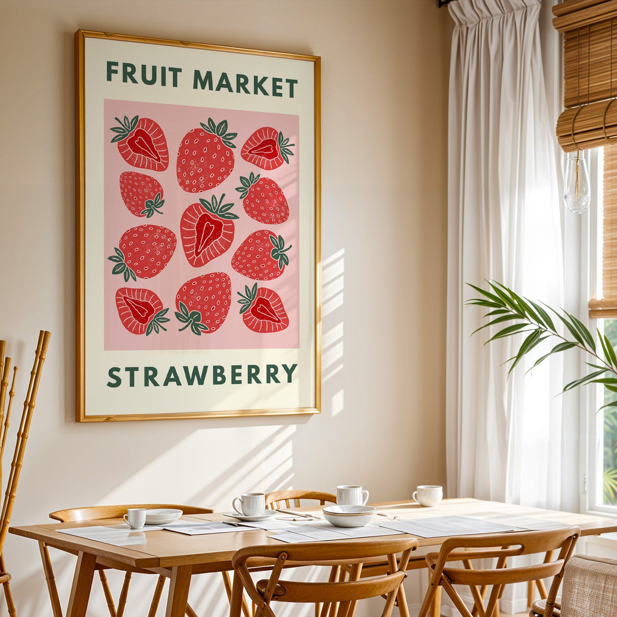 Fruit Market strawberry print shown in a gold frame above a breakfast table by a curtained window