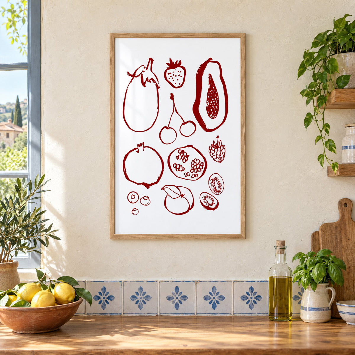 Burgundy ink fruit sketch pattern print in an oak frame on a cream plaster wall above a worktop with a bowl of lemons and blue-and-white tiles