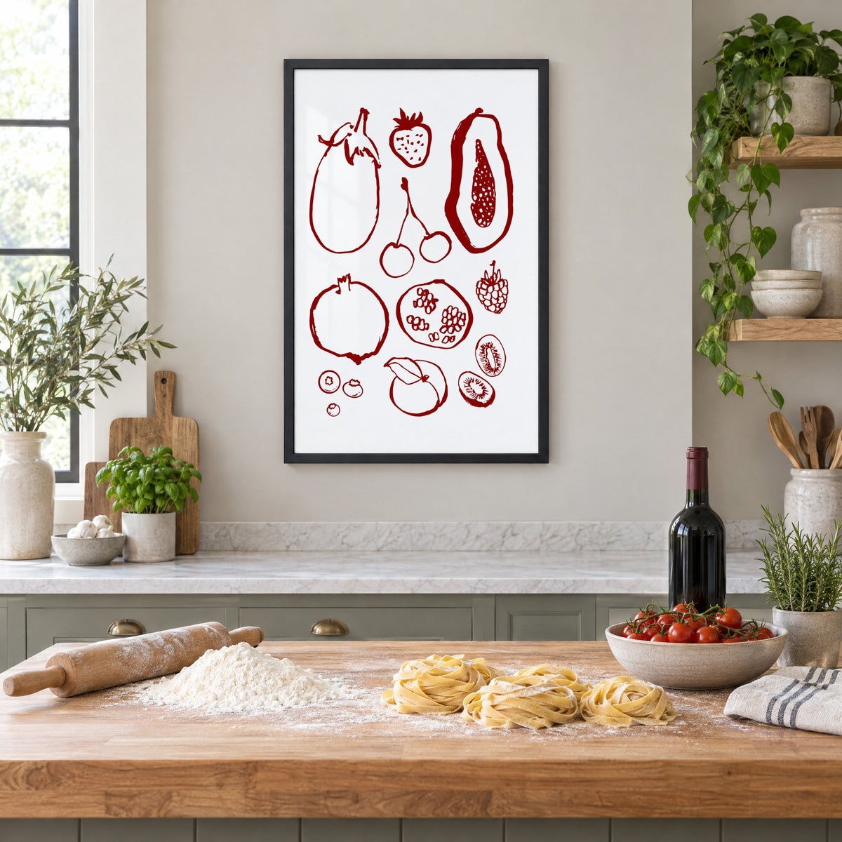 Burgundy ink fruit sketch pattern print in a black frame above a butcher-block island with fresh pasta, flour and cherry tomatoes