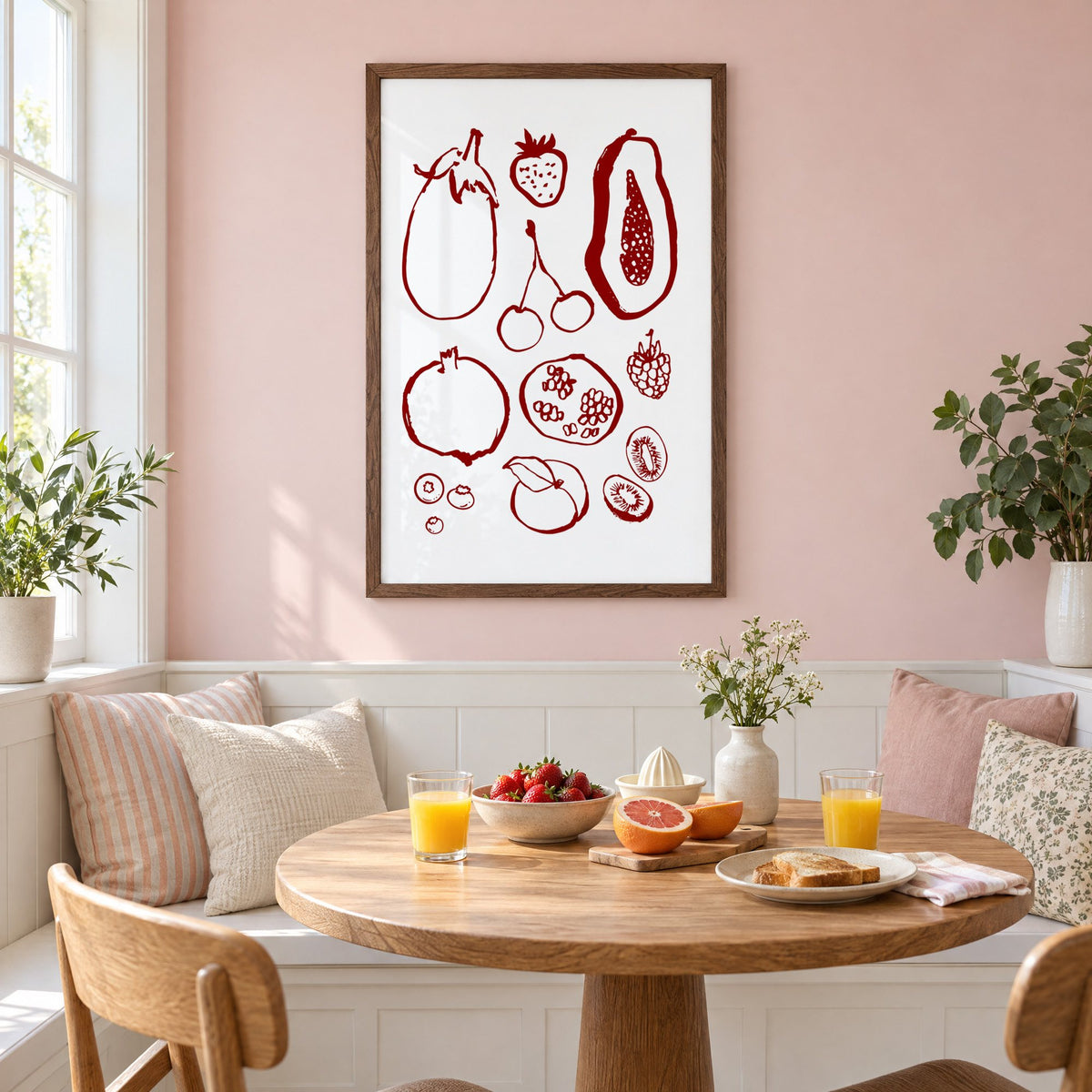 Burgundy ink fruit sketch pattern print in a walnut frame on a pastel pink wall above a breakfast nook with strawberries and orange juice
