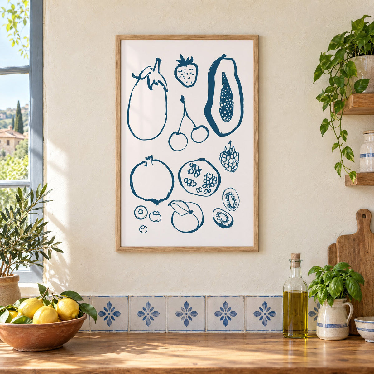 petrol blue ink fruit sketch pattern print in an oak frame on a cream plaster wall above a worktop with a bowl of lemons and blue-and-white tiles