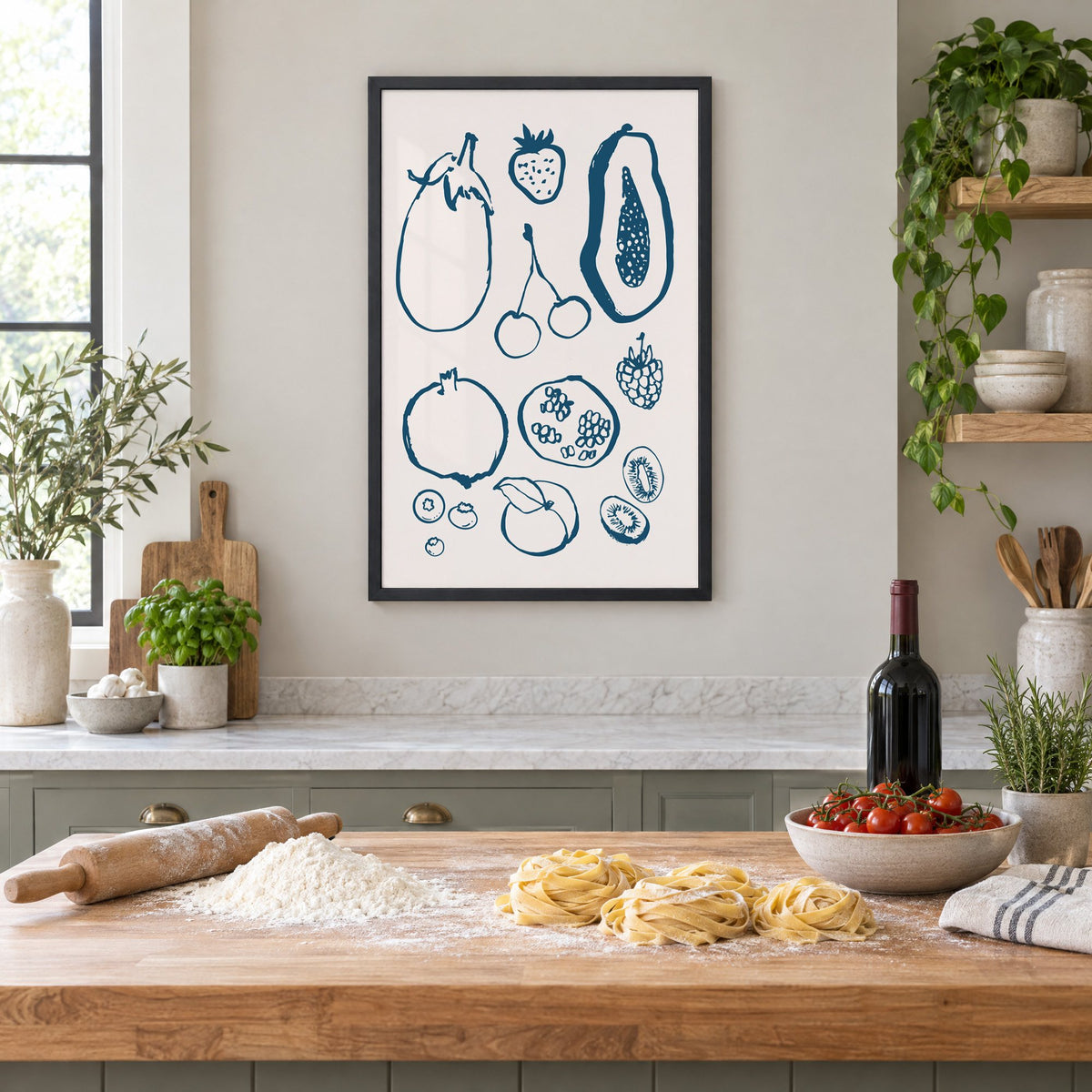 petrol blue ink fruit sketch pattern print in a black frame above a butcher-block island with fresh pasta, flour and cherry tomatoes
