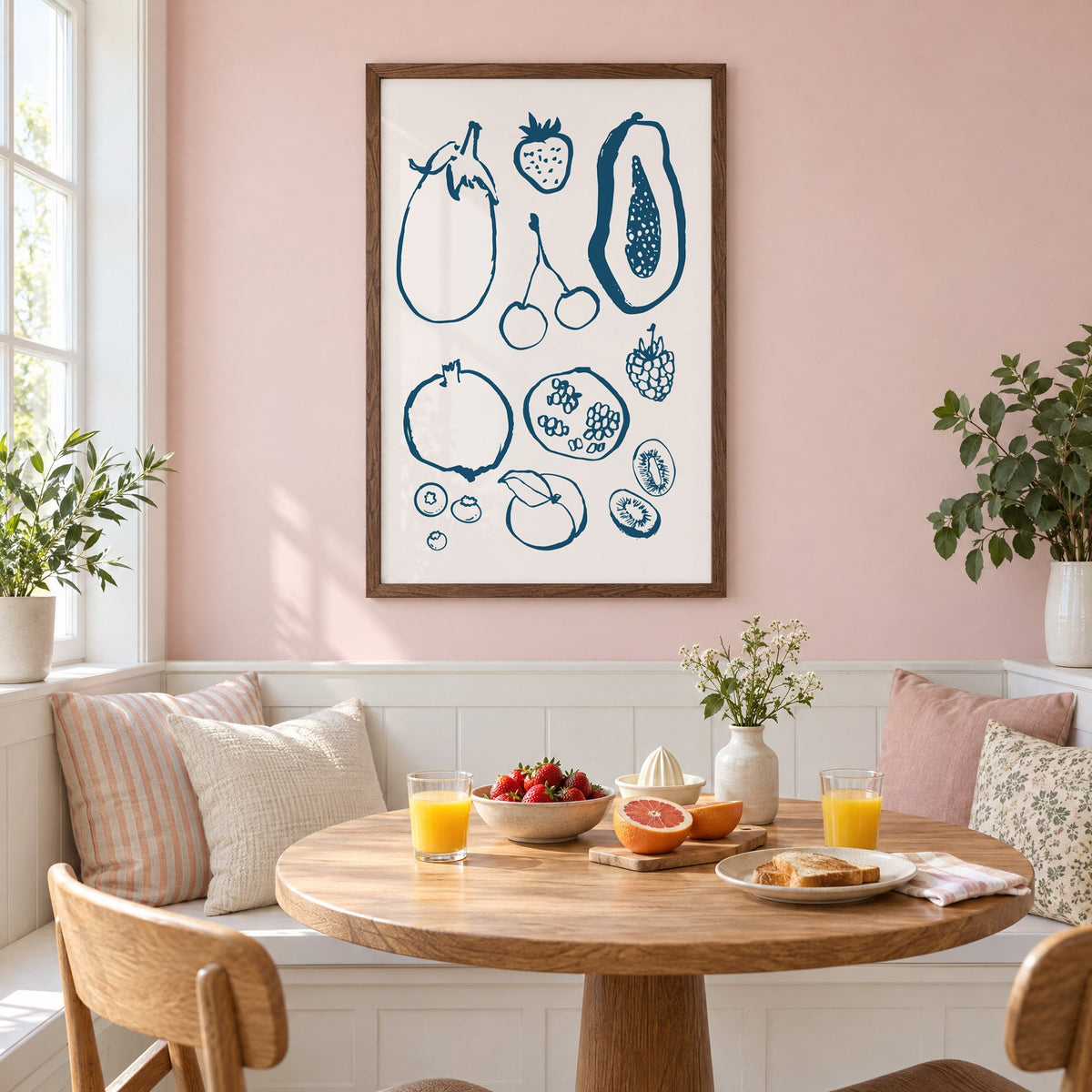 petrol blue ink fruit sketch pattern print in a walnut frame on a pastel pink wall above a breakfast nook with strawberries and orange juice