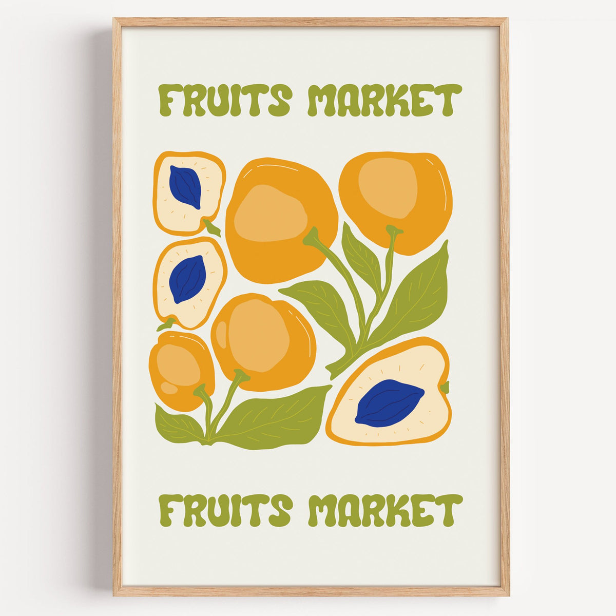 FRUITS MARKET apricots cobalt pits print in a light oak frame on a plain white wall