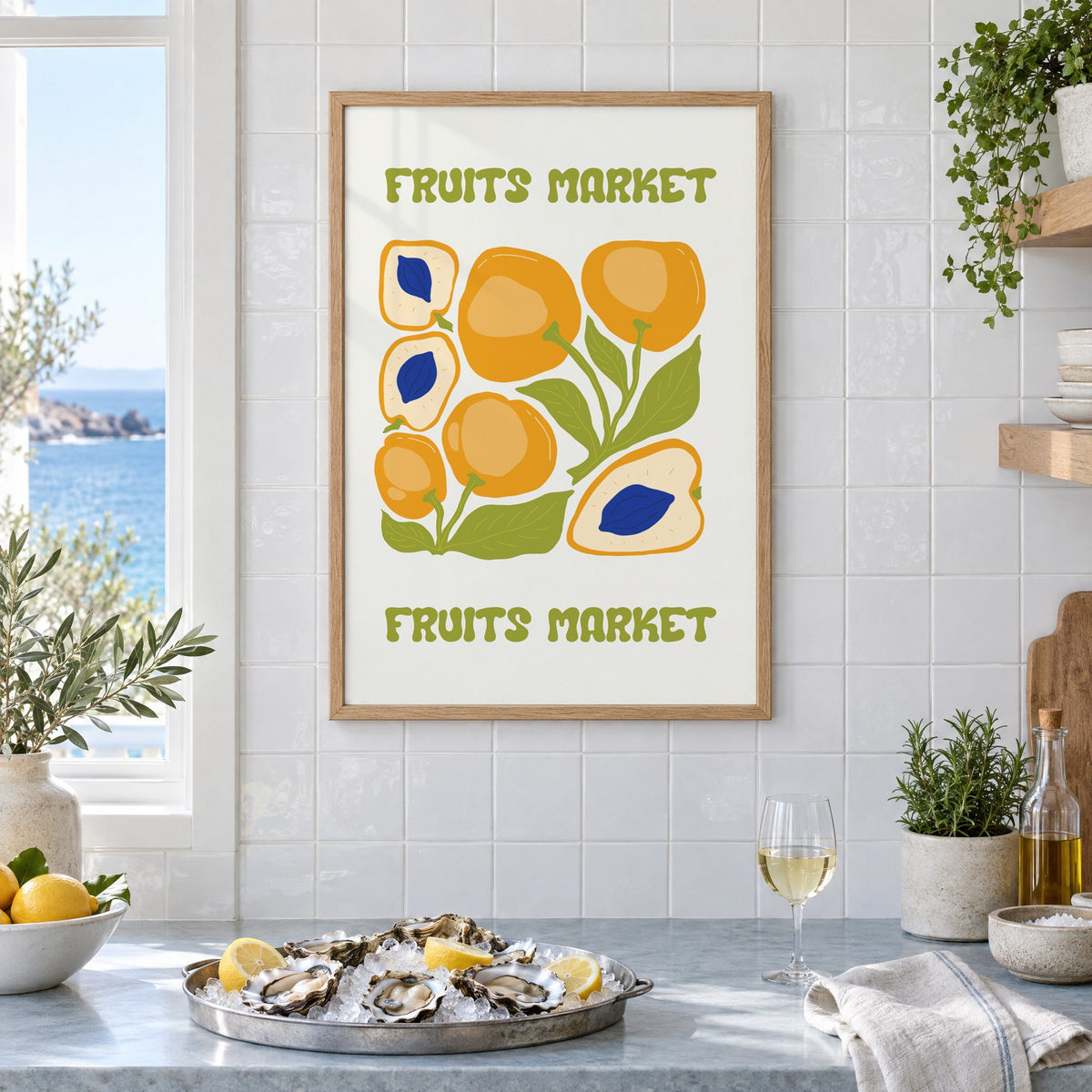 FRUITS MARKET apricots cobalt pits print in an oak frame on white tiles above a marble counter with oysters and lemons by a sea view