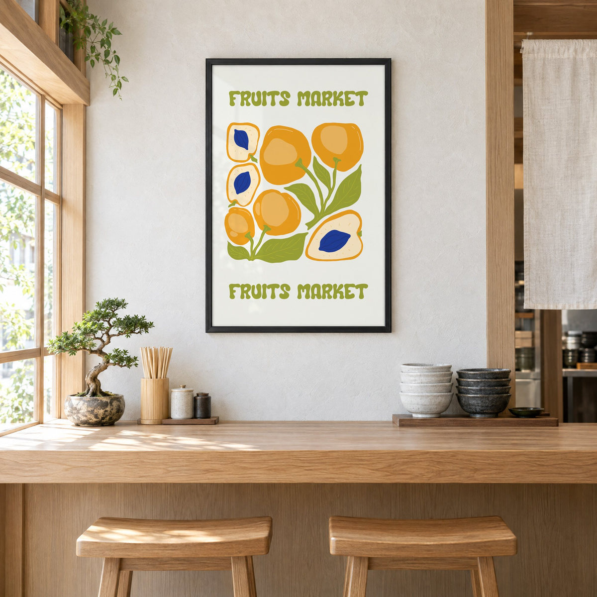 FRUITS MARKET apricots cobalt pits print in a black frame above a light wood ramen counter with stools and stacked bowls