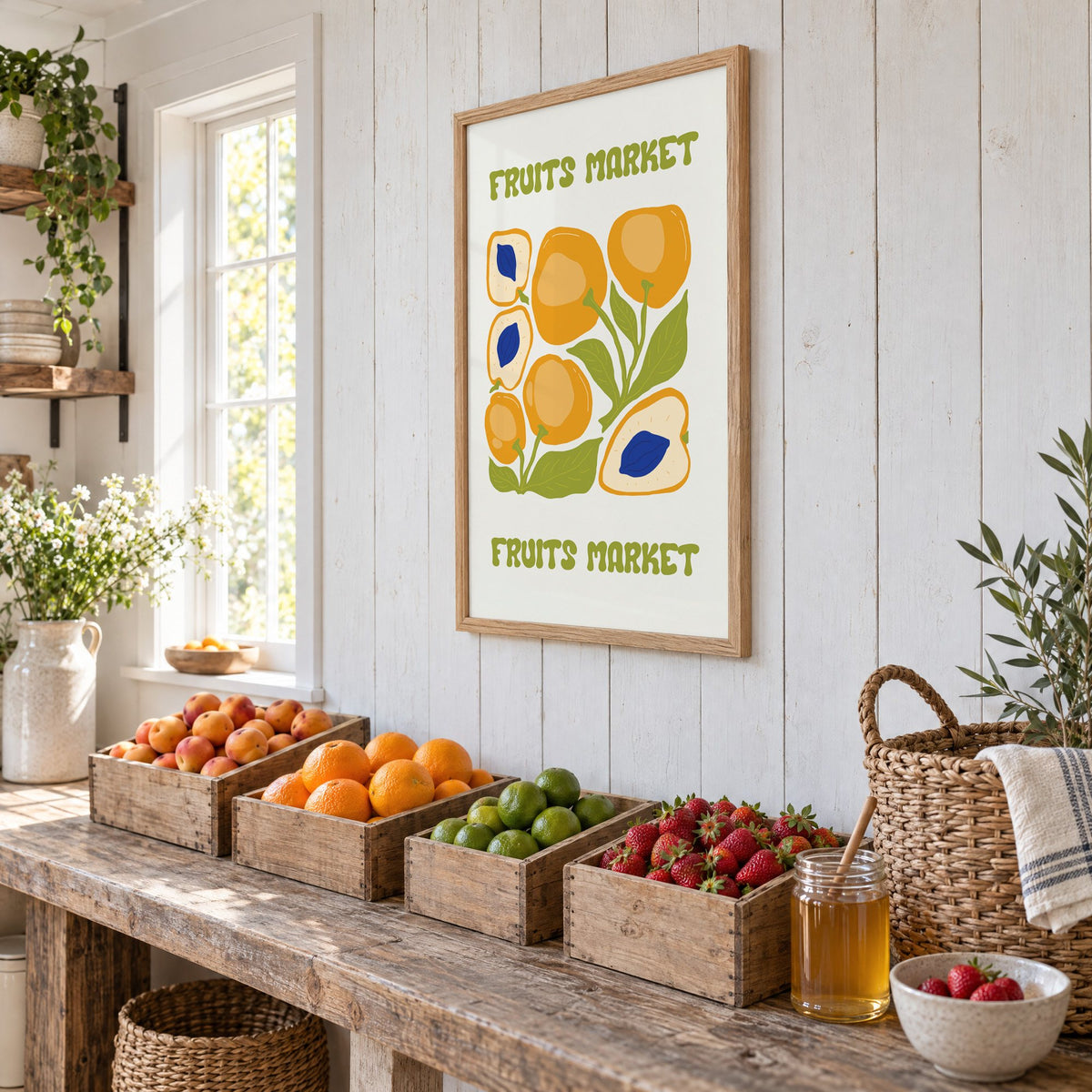 FRUITS MARKET apricots cobalt pits print in an oak frame on white plank walls above wooden crates of fresh fruit, seen at an angle