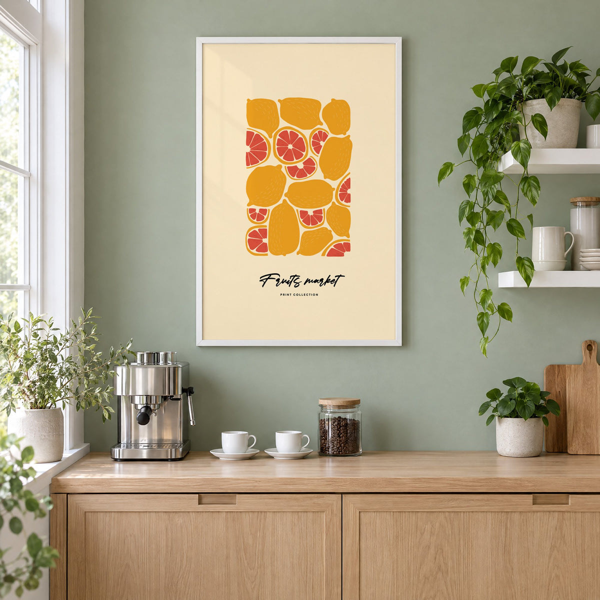 Fruits market citrus pattern print in a white frame on a sage green coffee nook wall above an espresso machine