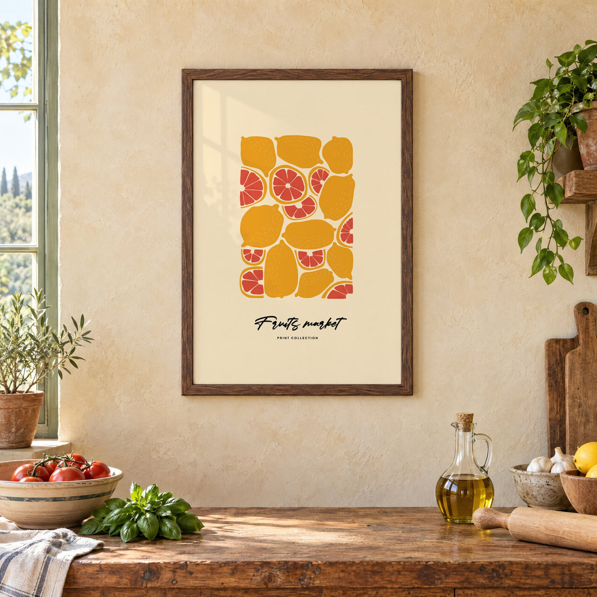 Fruits market citrus pattern print in a walnut frame above a rustic Italian kitchen table with tomatoes