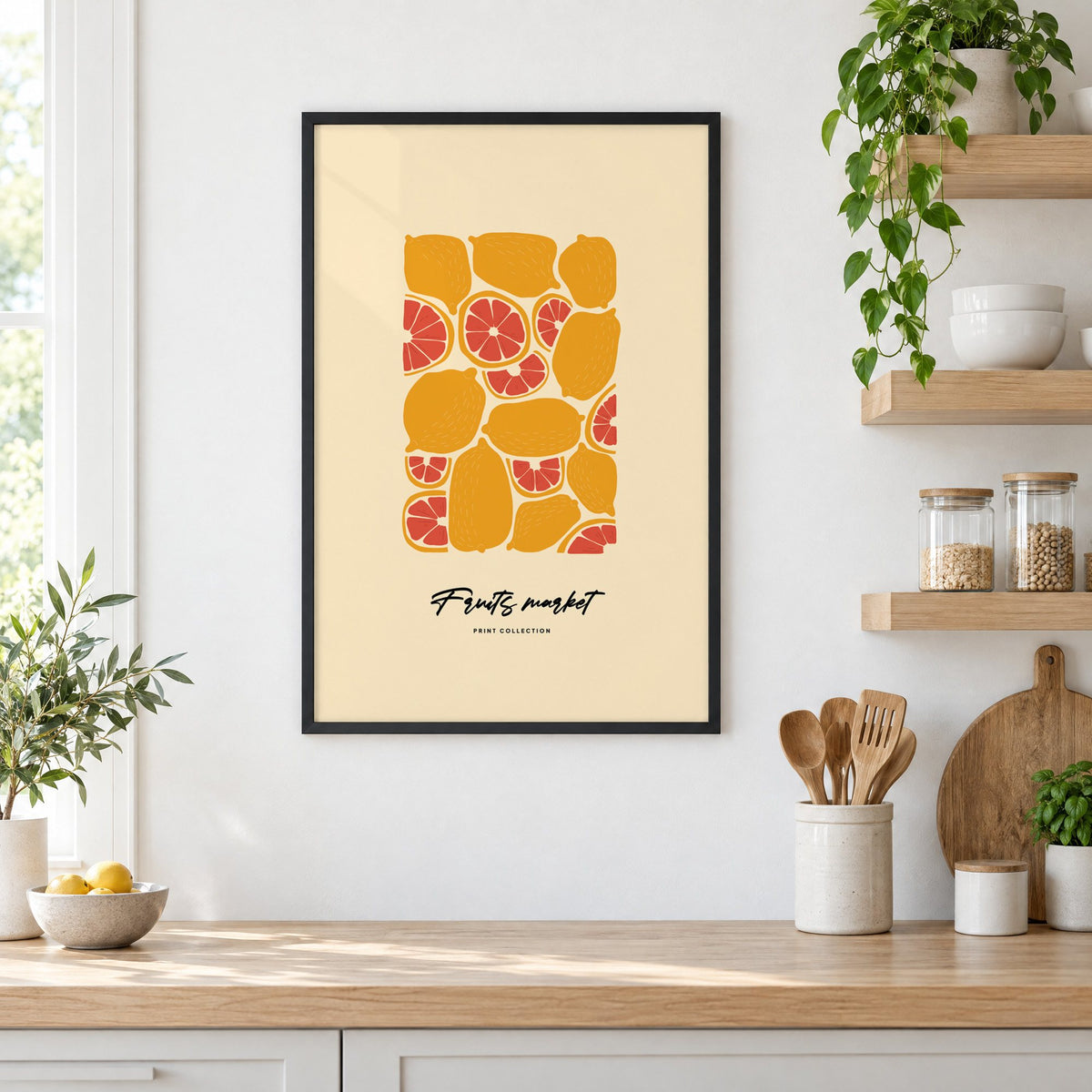 Fruits market citrus pattern print in a black frame in a white kitchen beside open wood shelves and glass jars