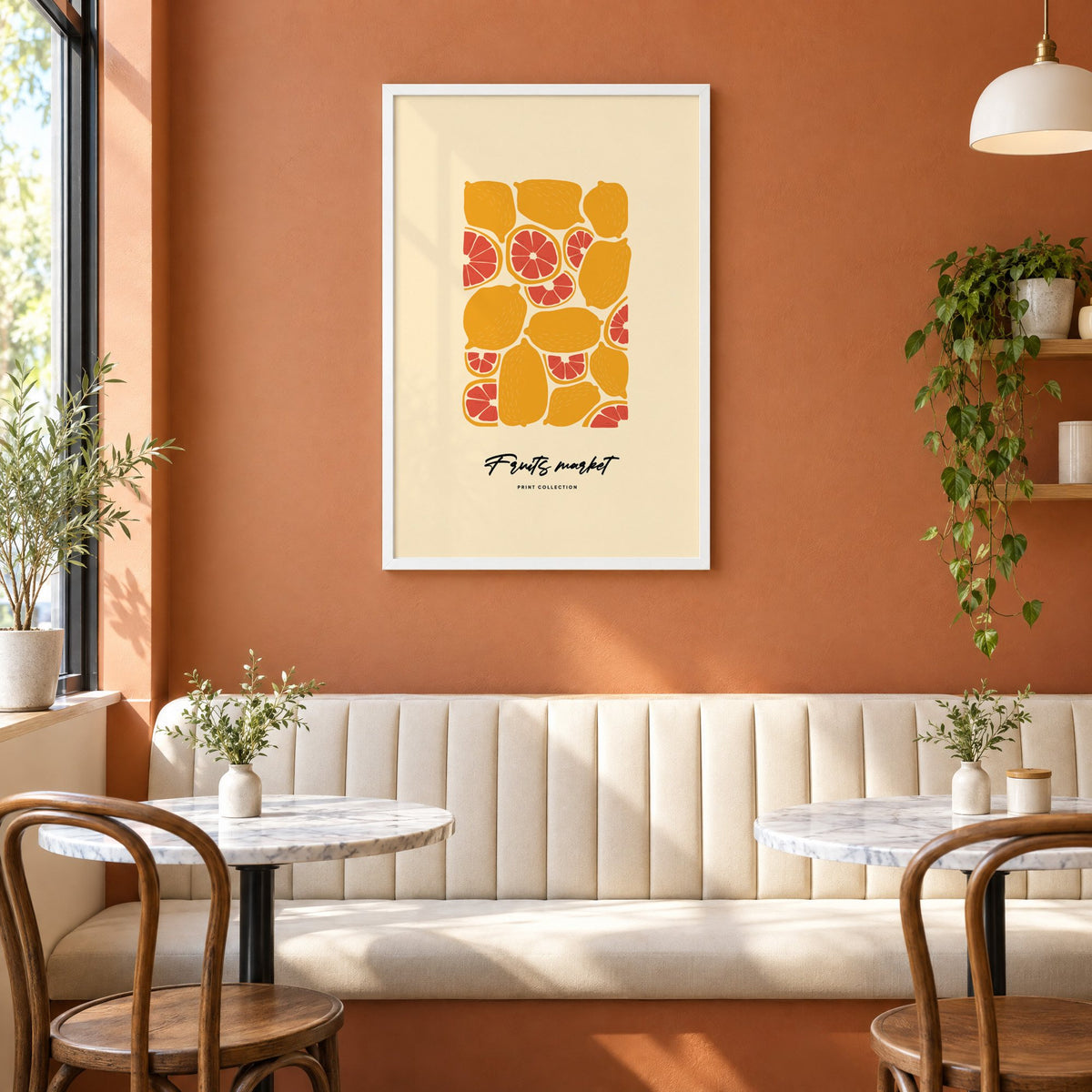 Fruits market citrus pattern print in a white frame above a cream banquette on a terracotta cafe wall