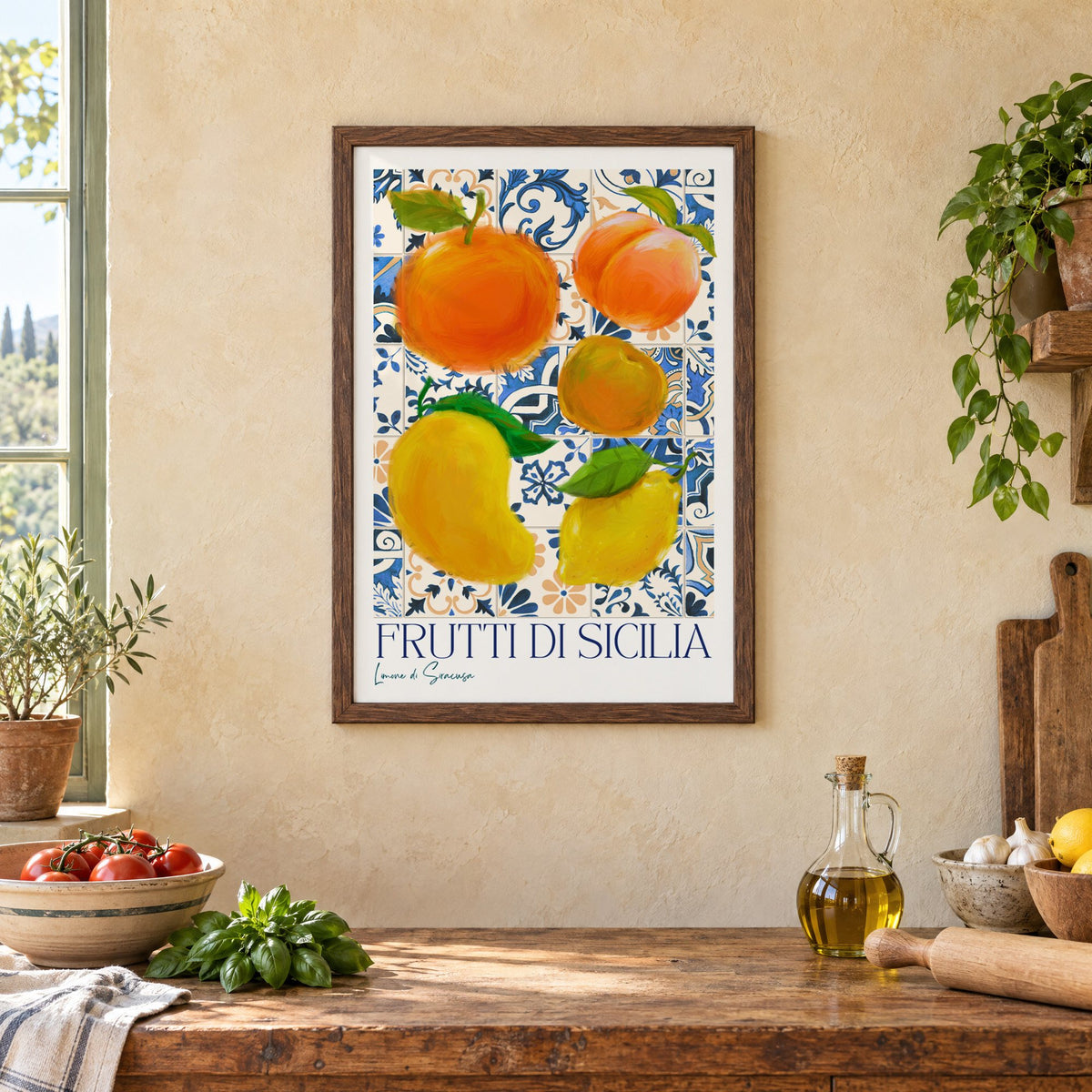 Frutti di Sicilia blue tile fruit print in a walnut frame above a rustic Italian kitchen table with tomatoes