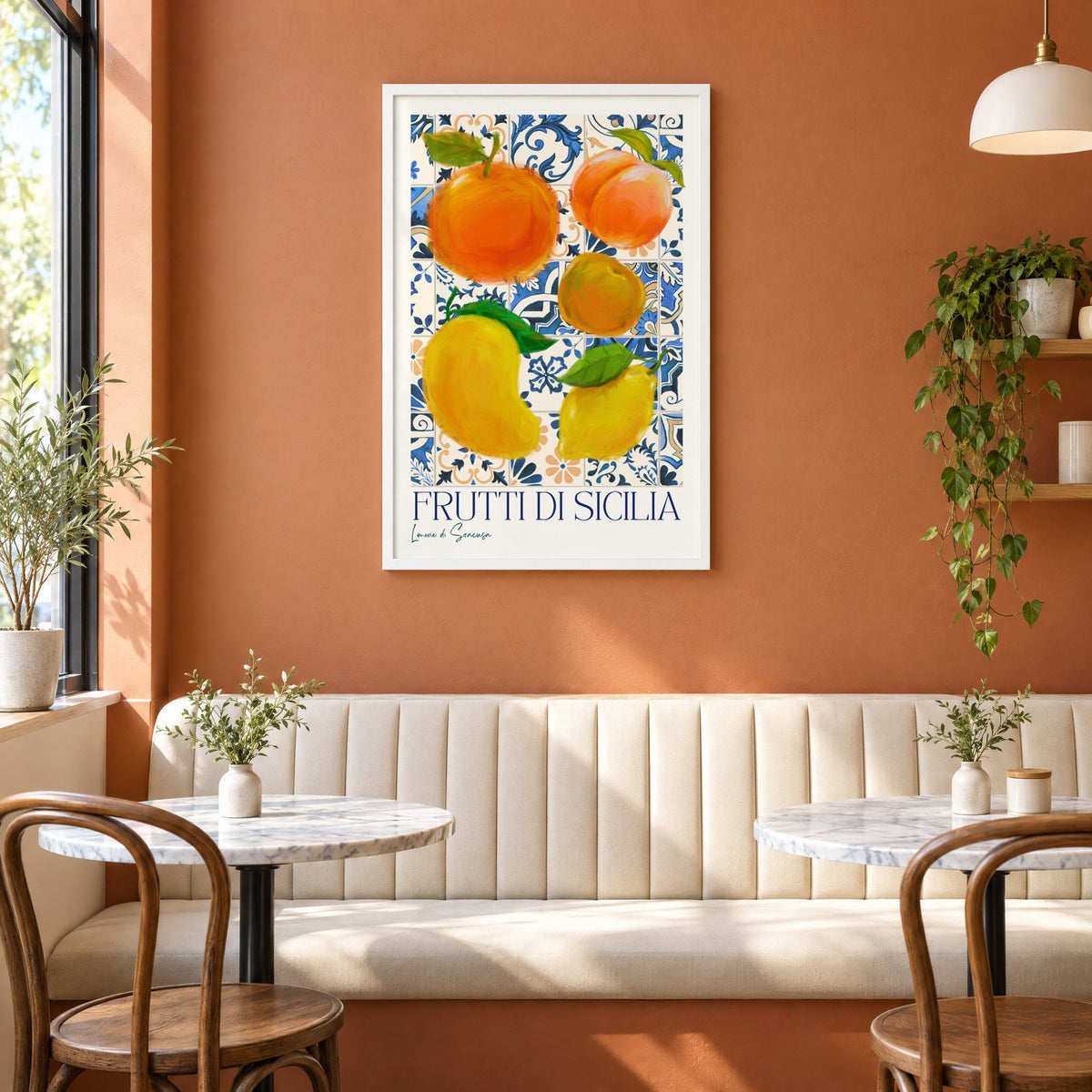 Frutti di Sicilia blue tile fruit print in a white frame above a cream banquette on a terracotta cafe wall