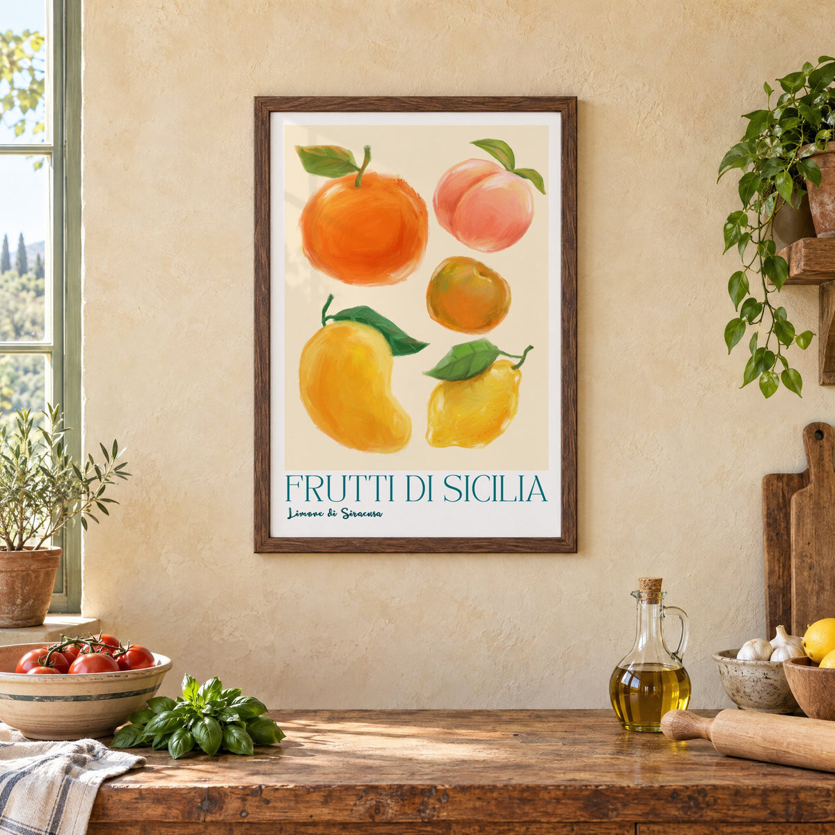 Frutti di Sicilia cream painted fruit print in a walnut frame above a rustic Italian kitchen table with tomatoes