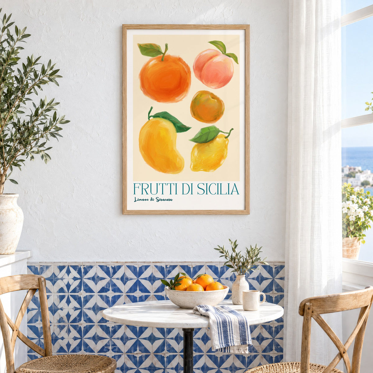 Frutti di Sicilia cream painted fruit print in an oak frame above a bistro table and blue patterned tiles