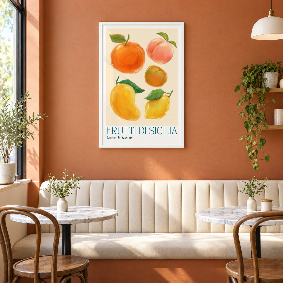 Frutti di Sicilia cream painted fruit print in a white frame above a cream banquette on a terracotta cafe wall