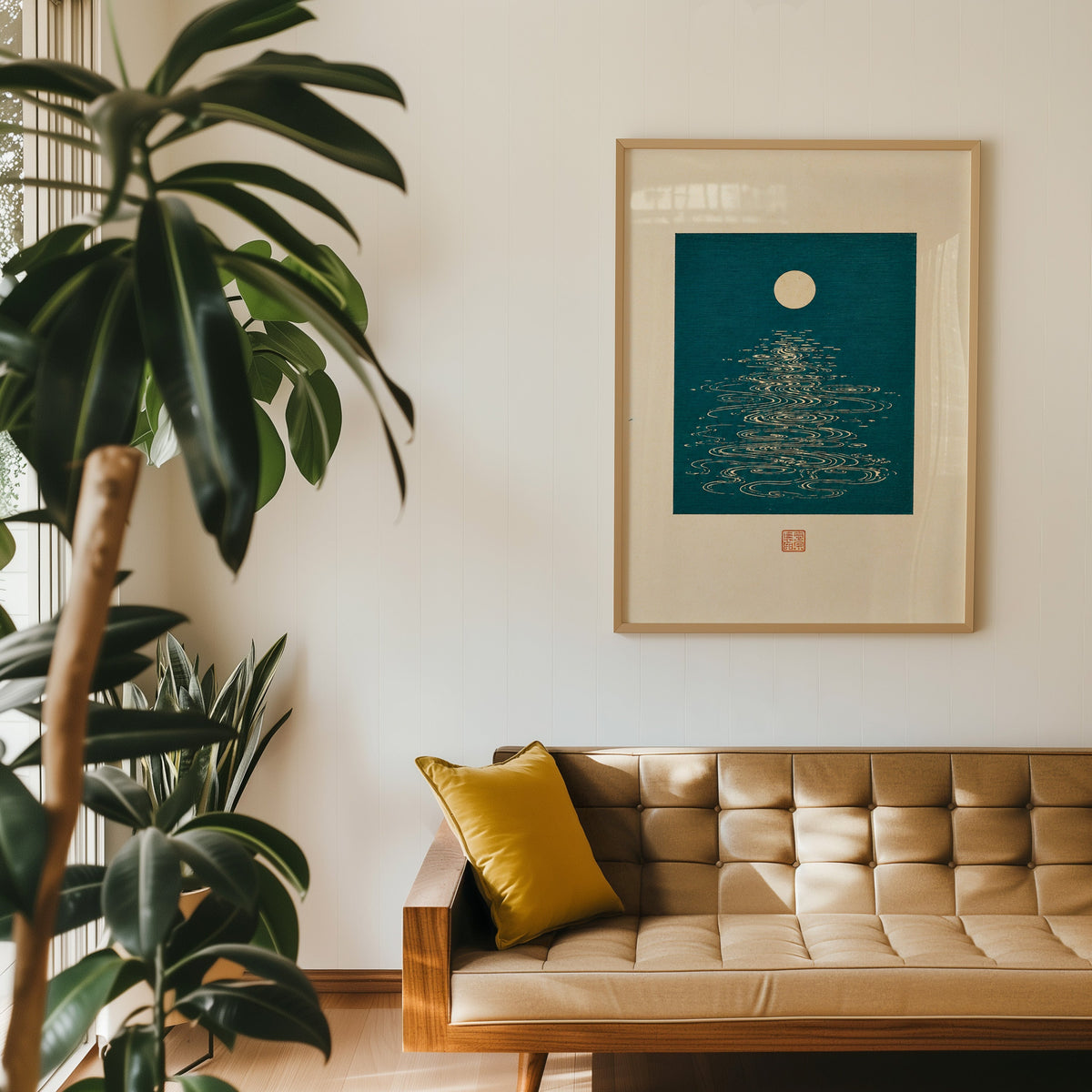 full moon over teal water print in an oak frame above a tan tufted leather sofa with a mustard cushion