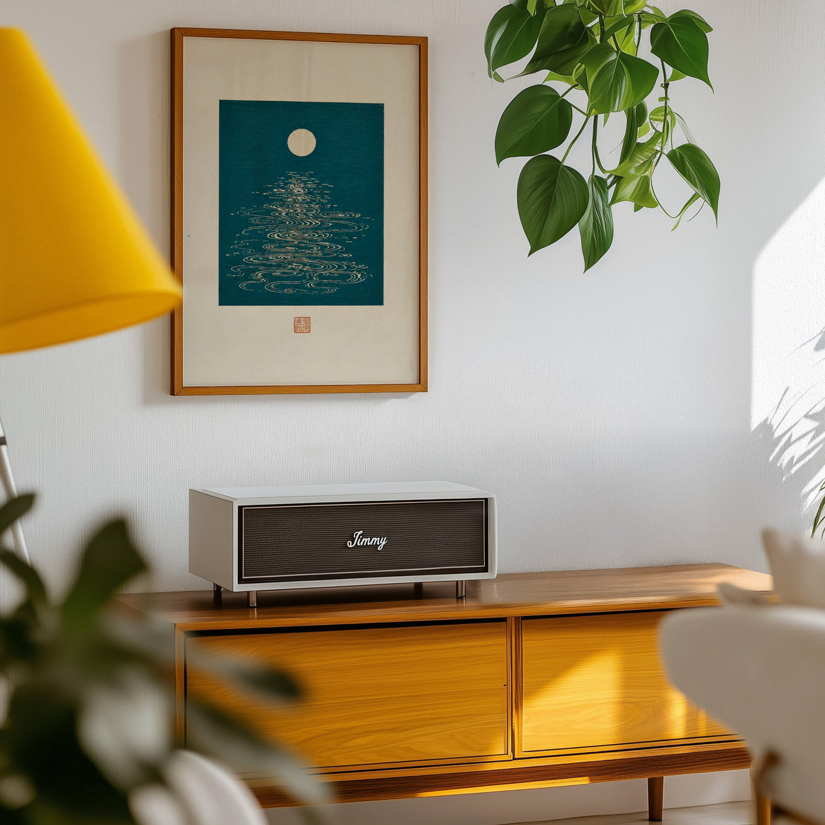 full moon over teal water print in an oak frame above a teak mid-century sideboard with trailing pothos