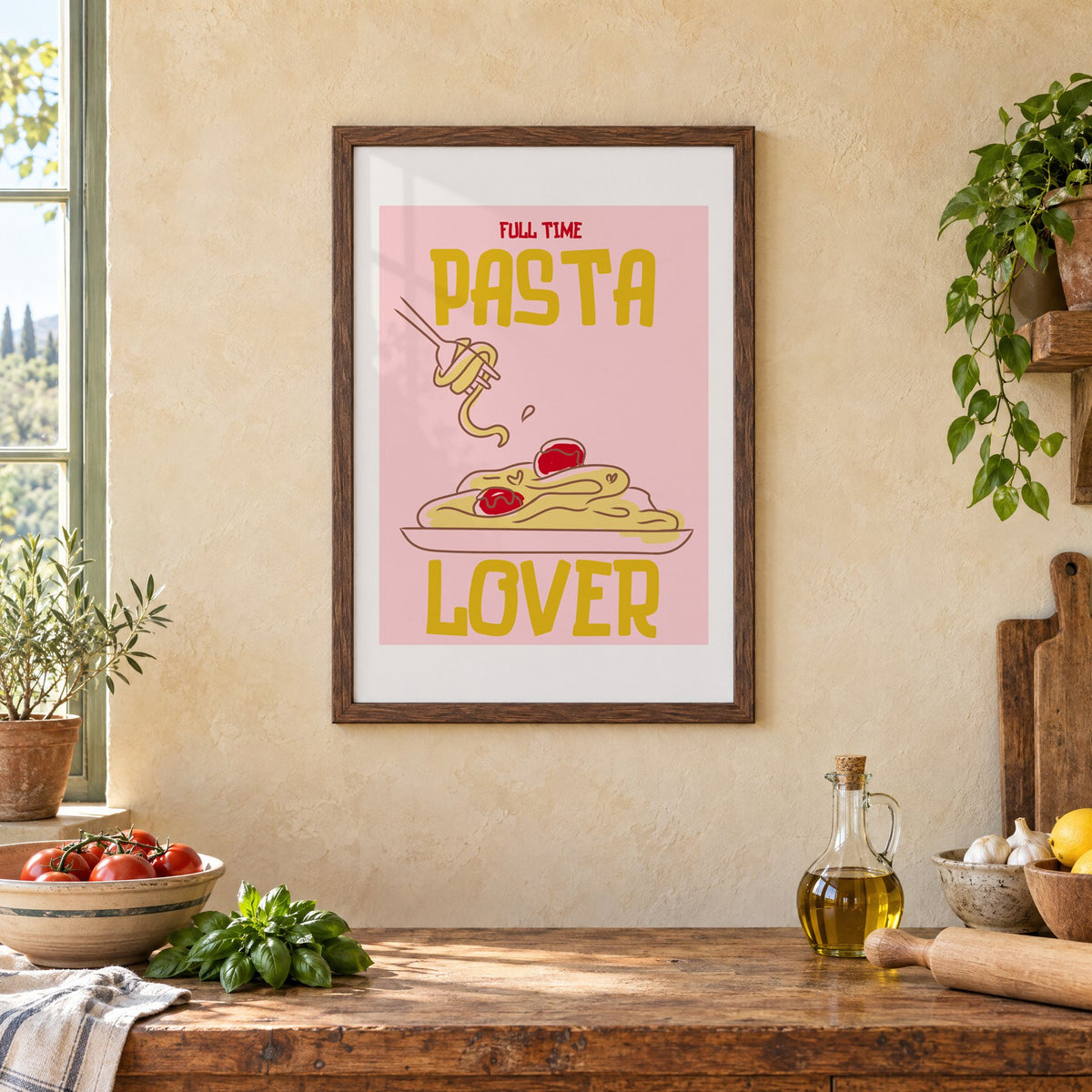 Full Time Pasta Lover spaghetti print in a walnut frame above a rustic Italian kitchen table with tomatoes