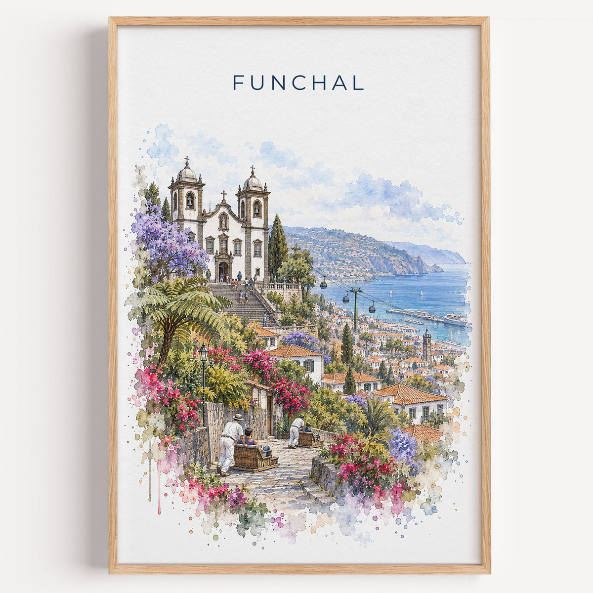 Funchal watercolor print in a light oak frame on a plain white wall