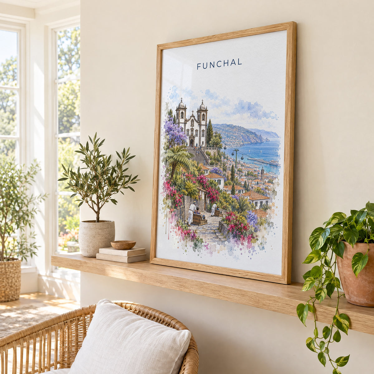 Funchal watercolor print in an oak frame on a picture ledge in a sunlit sunroom
