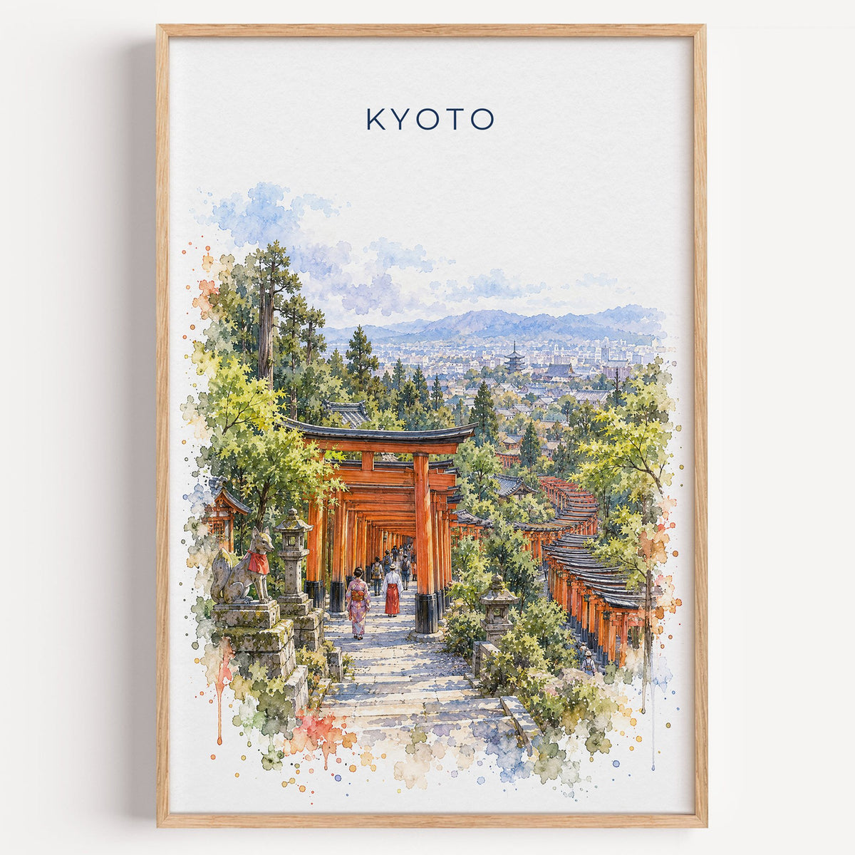 Fushimi Inari Shrine watercolor print in a light oak frame on a plain white wall
