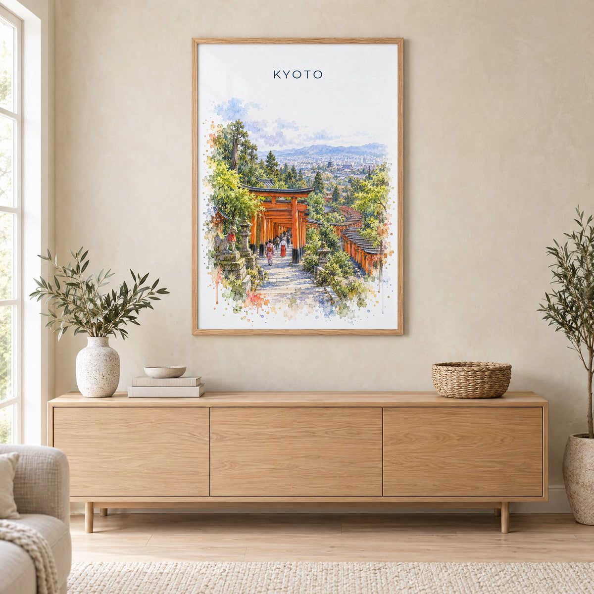 Fushimi Inari Shrine watercolor print in an oak frame above a light wood sideboard in a Scandinavian living room