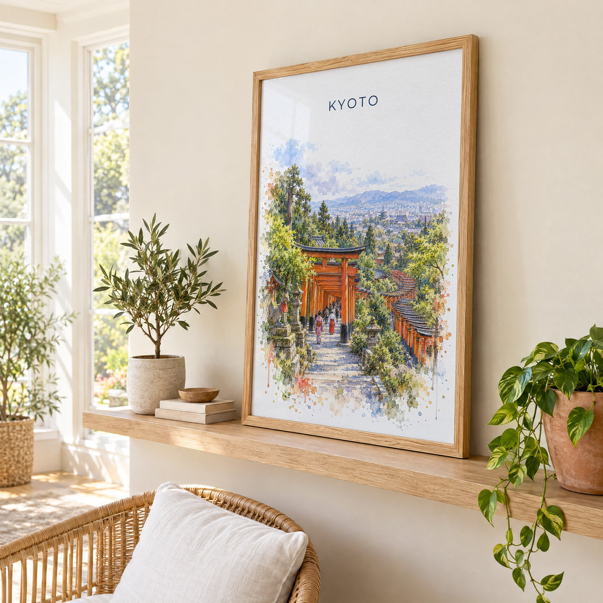 Fushimi Inari Shrine watercolor print in an oak frame on a picture ledge in a sunlit sunroom