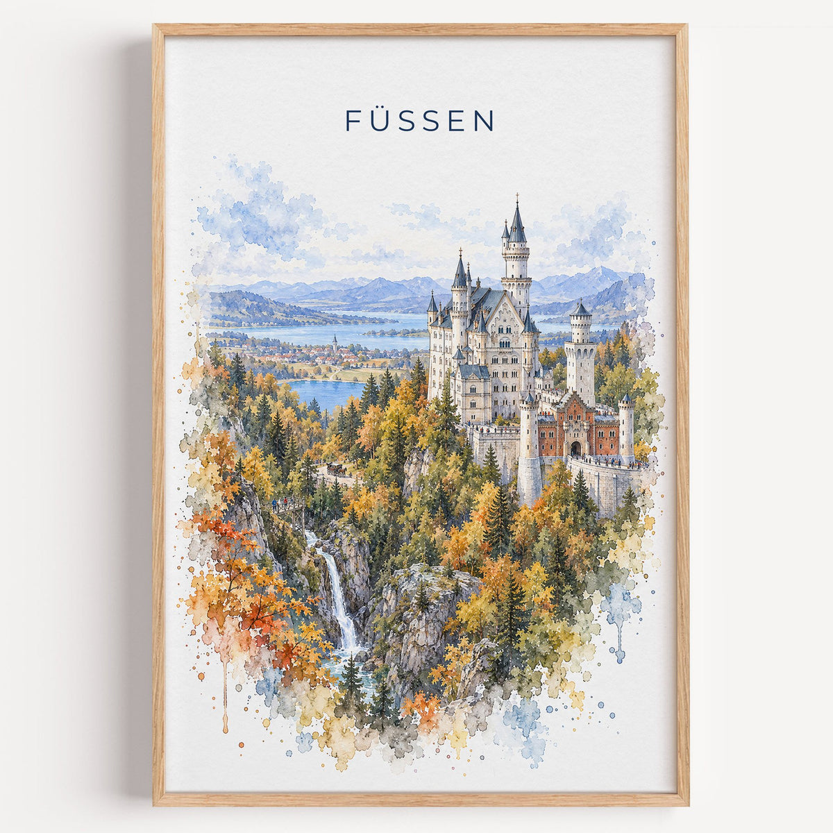 Füssen watercolor print in a light oak frame on a plain white wall