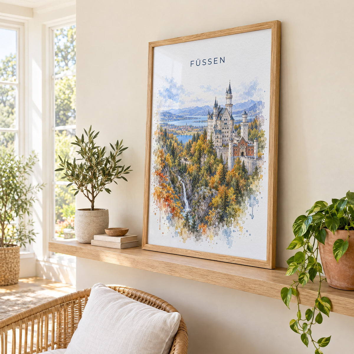 Füssen watercolor print in an oak frame on a picture ledge in a sunlit sunroom