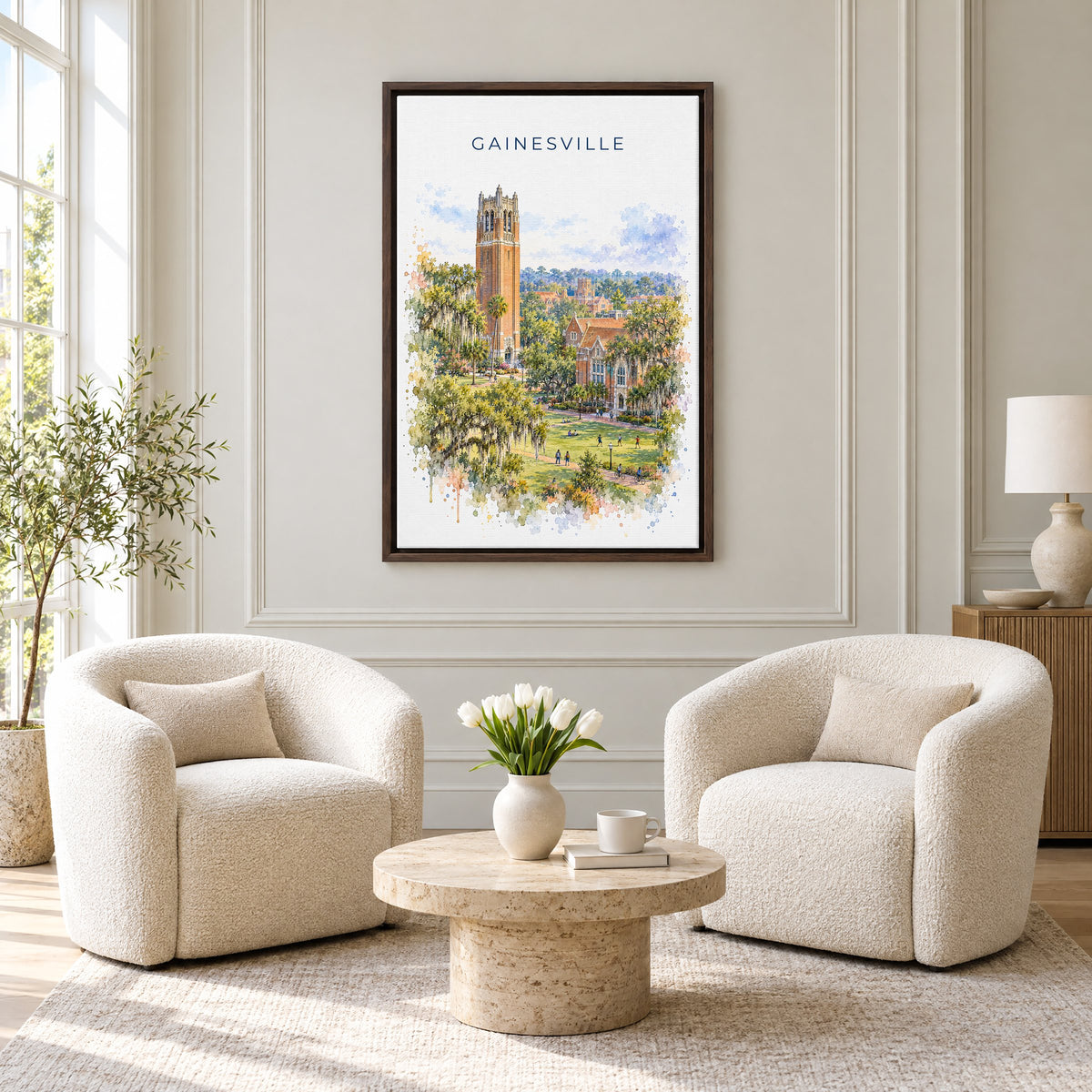 Gainesville, Florida watercolor print as an espresso floater canvas above two boucle armchairs in a hotel lounge