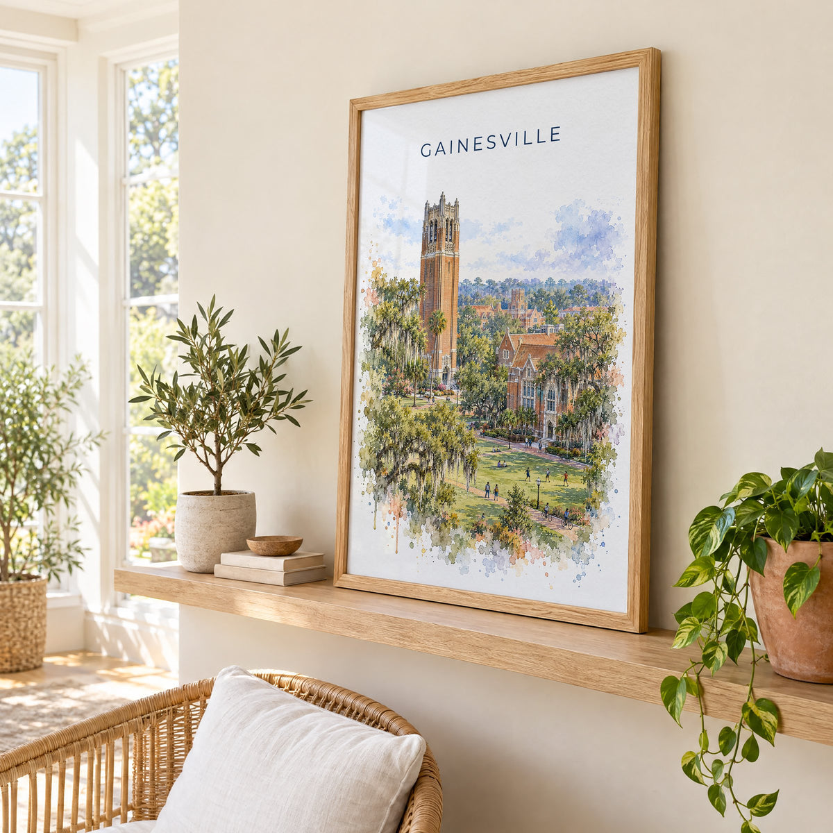 Gainesville, Florida watercolor print in an oak frame on a picture ledge in a sunlit sunroom