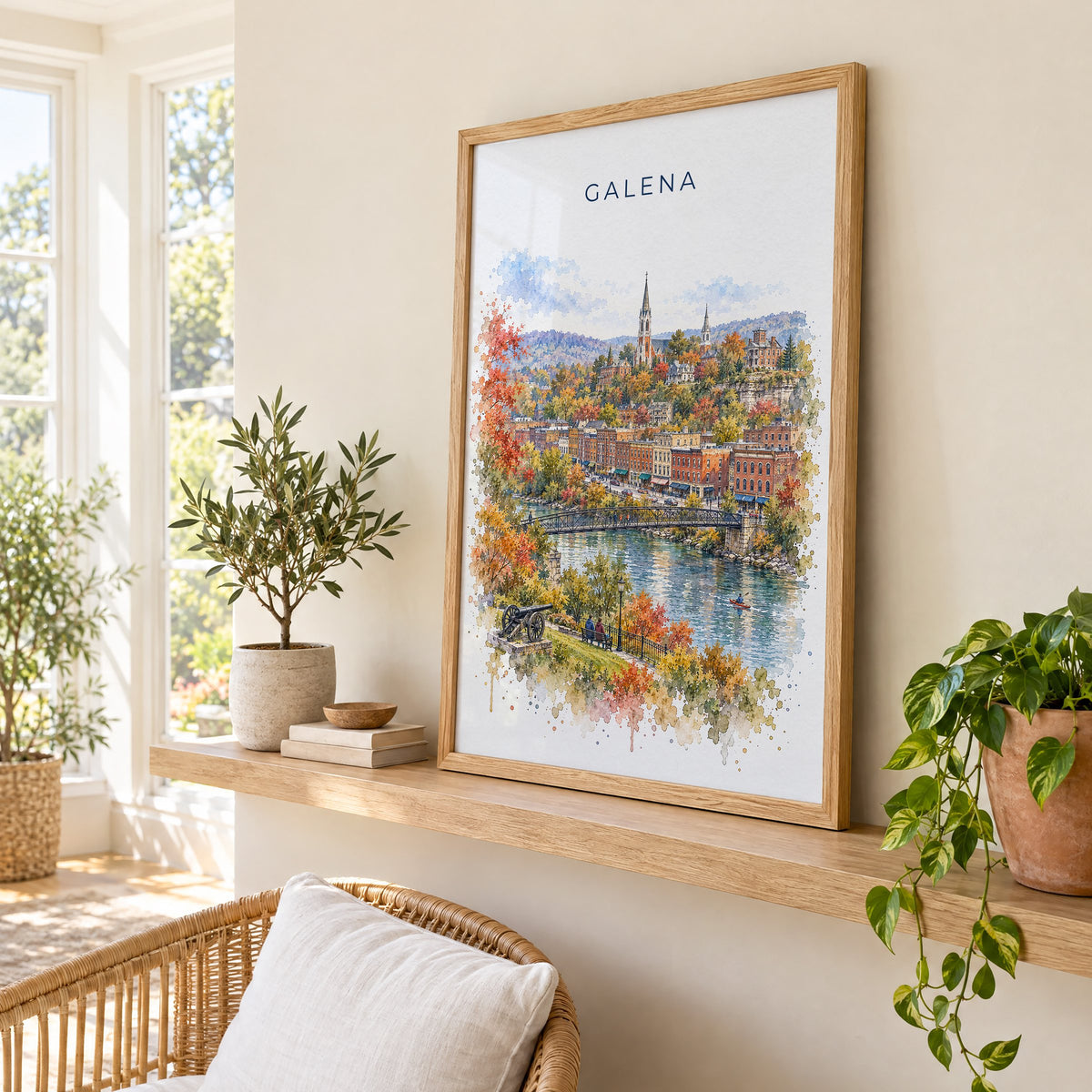 Galena, Illinois watercolor print in an oak frame on a picture ledge in a sunlit sunroom
