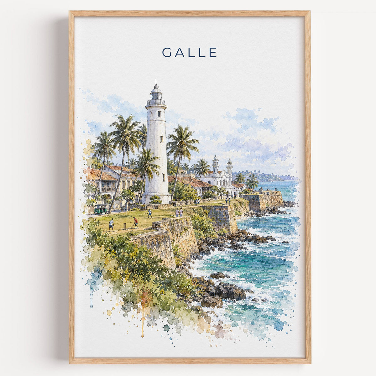 Galle, Sri Lanka watercolor print in a light oak frame on a plain white wall