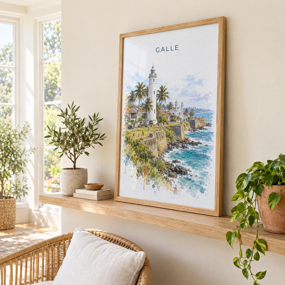 Galle, Sri Lanka watercolor print in an oak frame on a picture ledge in a sunlit sunroom