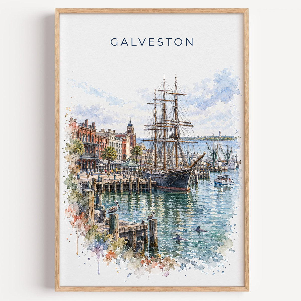 Galveston watercolor print in a light oak frame on a plain white wall