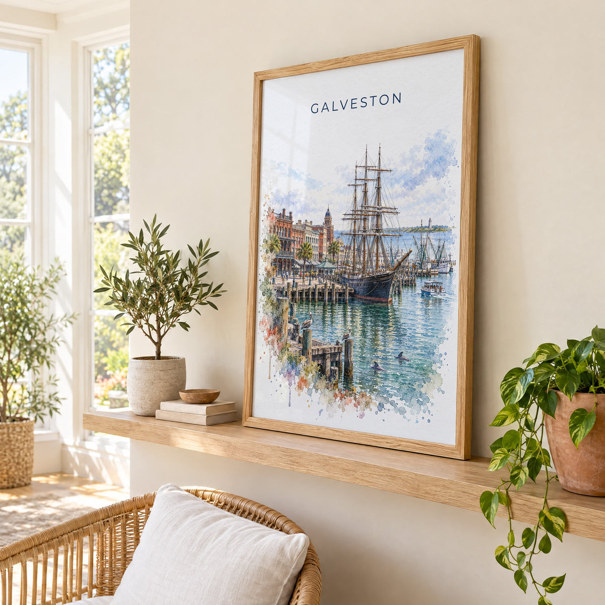 Galveston watercolor print in an oak frame on a picture ledge in a sunlit sunroom