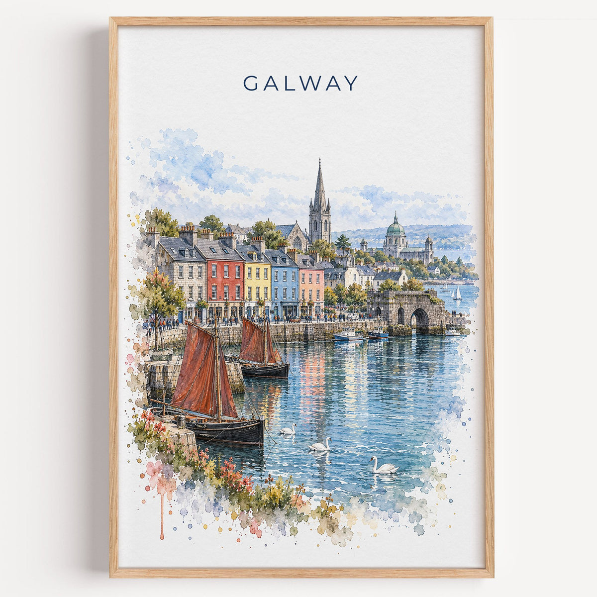 Galway watercolor print in a light oak frame on a plain white wall
