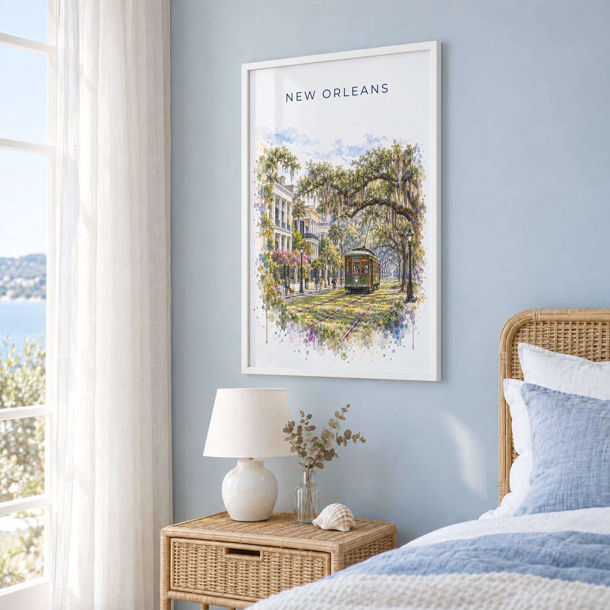Garden District New Orleans watercolor print in a white frame on a pale blue wall beside a rattan bed in a coastal bedroom