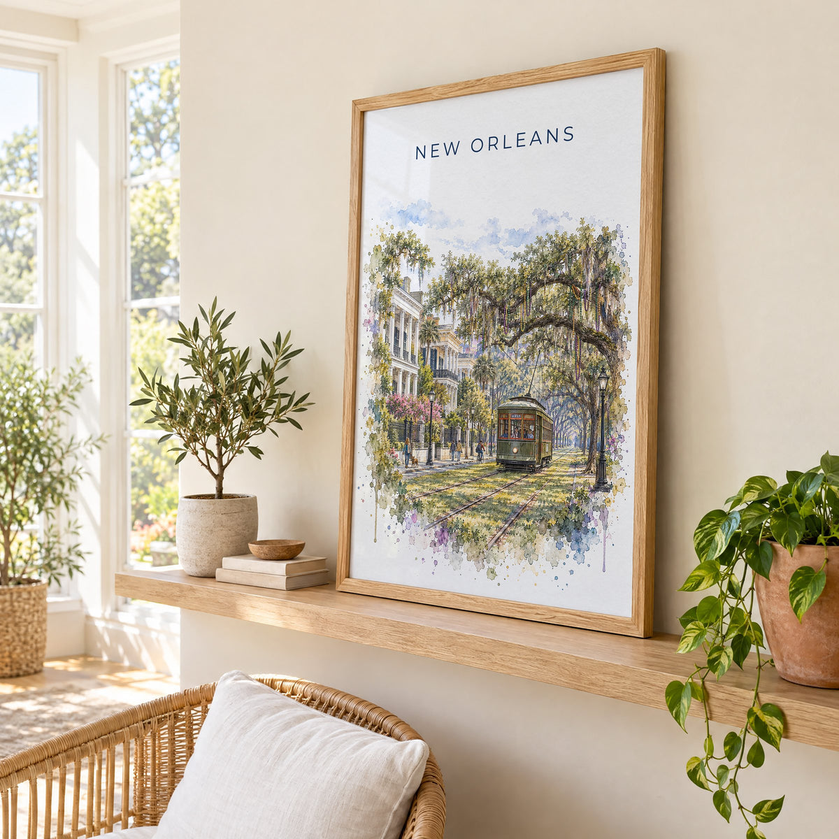 Garden District New Orleans watercolor print in an oak frame on a picture ledge in a sunlit sunroom