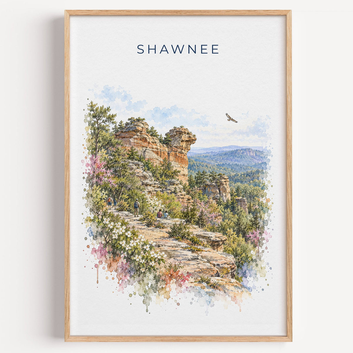 Garden of the Gods, Illinois watercolor print in a light oak frame on a plain white wall