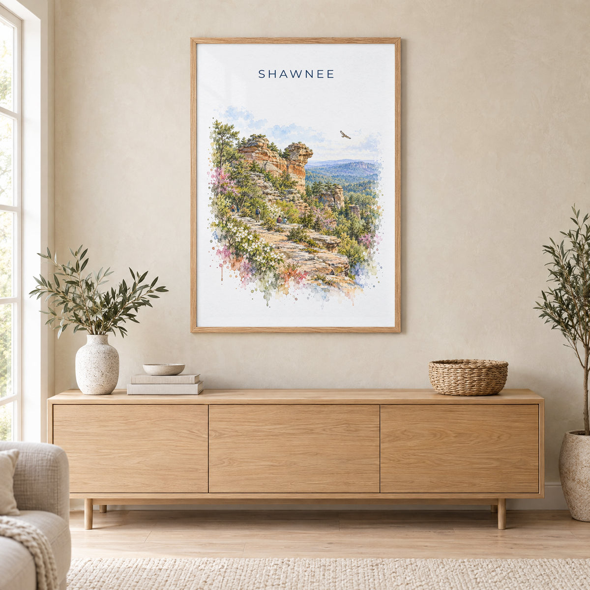 Garden of the Gods, Illinois watercolor print in an oak frame above a light wood sideboard in a Scandinavian living room