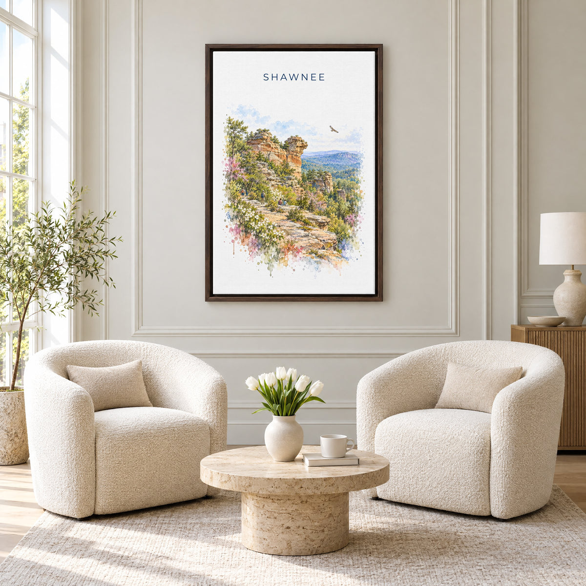 Garden of the Gods, Illinois watercolor print as an espresso floater canvas above two boucle armchairs in a hotel lounge