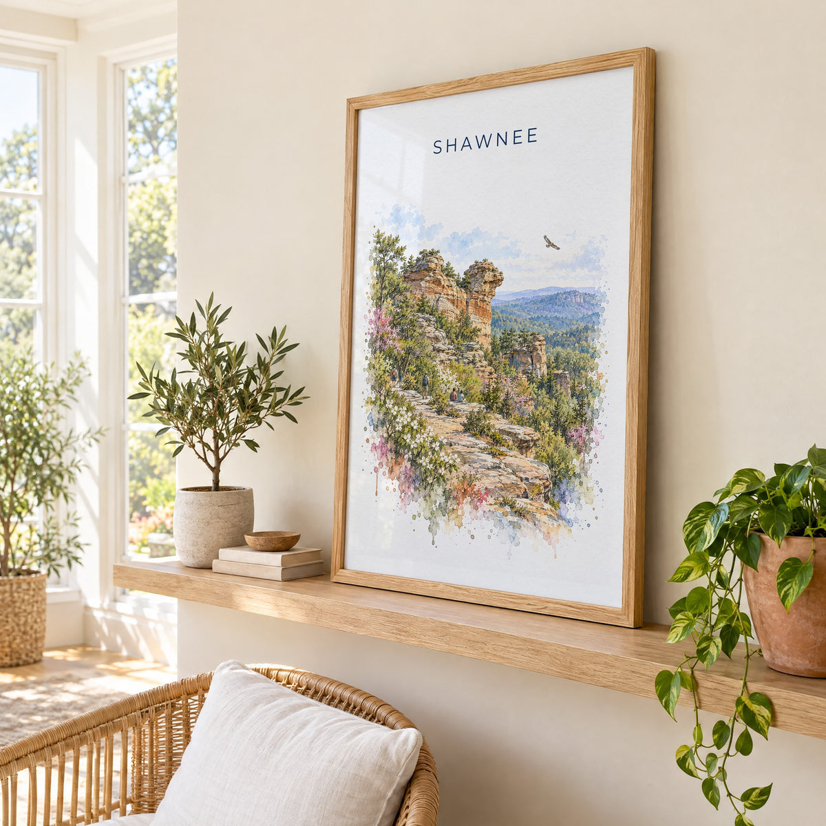 Garden of the Gods, Illinois watercolor print in an oak frame on a picture ledge in a sunlit sunroom