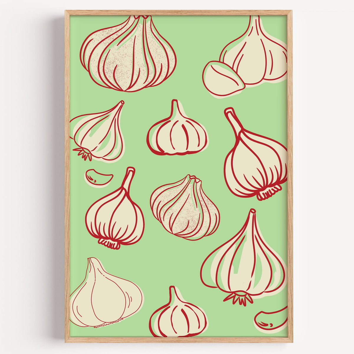 Garlic bulbs red line mint pattern in a light oak frame on a plain white wall