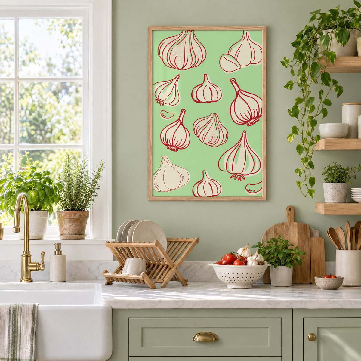 Garlic bulbs red line mint pattern in an oak frame on a sage green kitchen wall beside a farmhouse sink and herbs