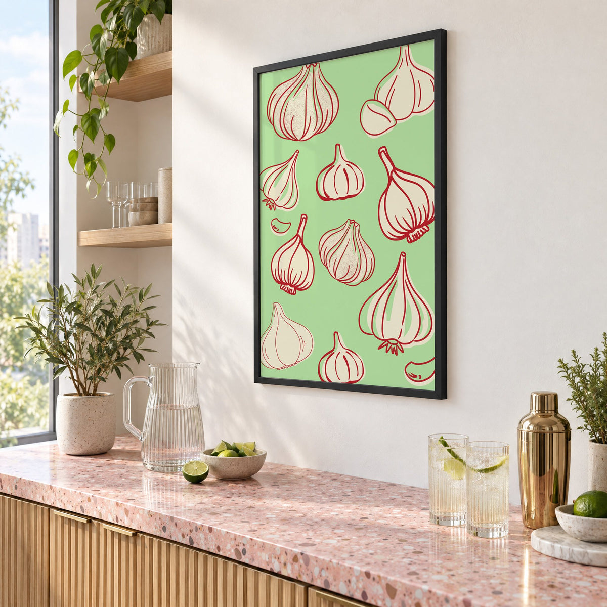 Garlic bulbs red line mint pattern in a black frame above a pink terrazzo cocktail counter with limes, seen at an angle