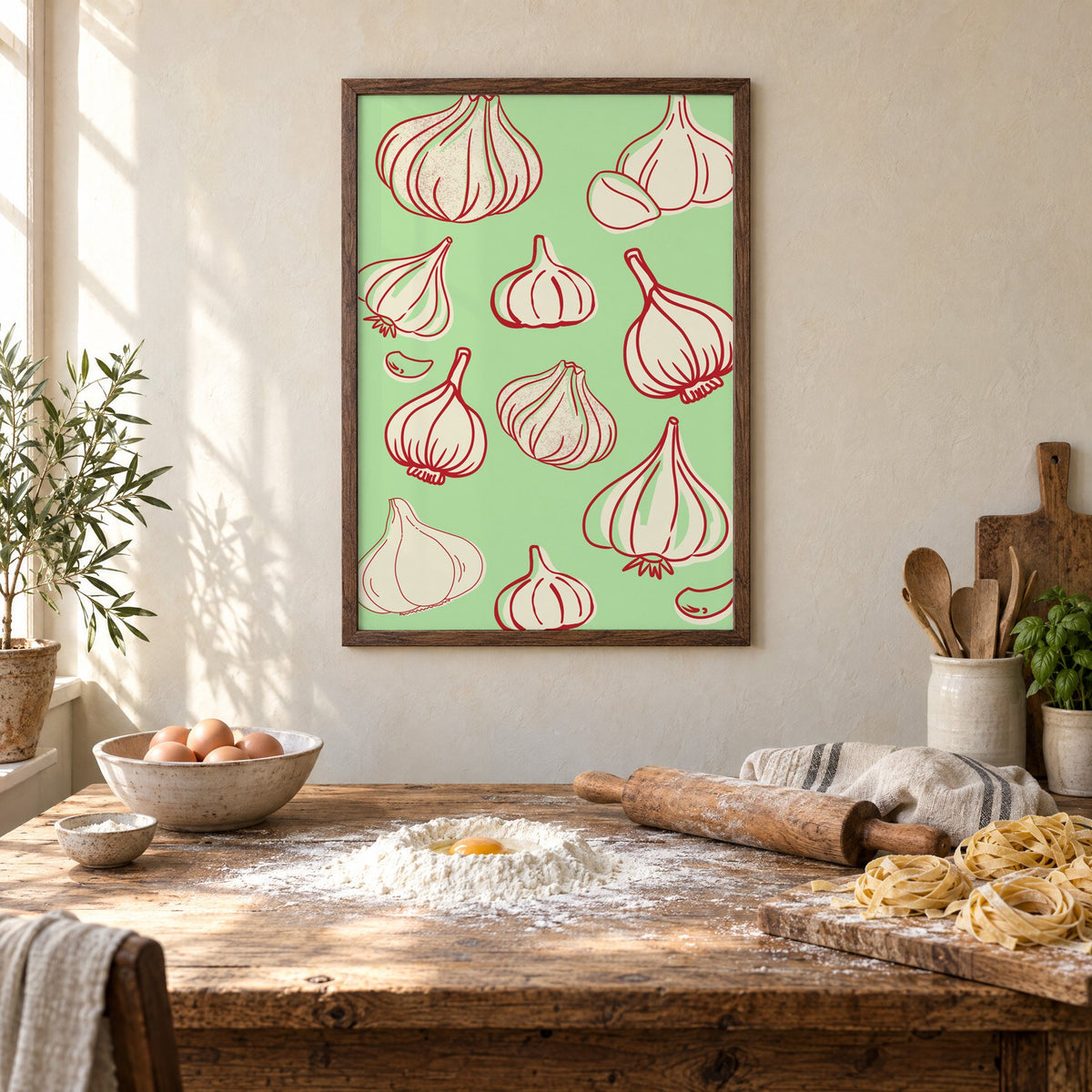 Garlic bulbs red line mint pattern in a walnut frame above a rustic table set for making fresh pasta