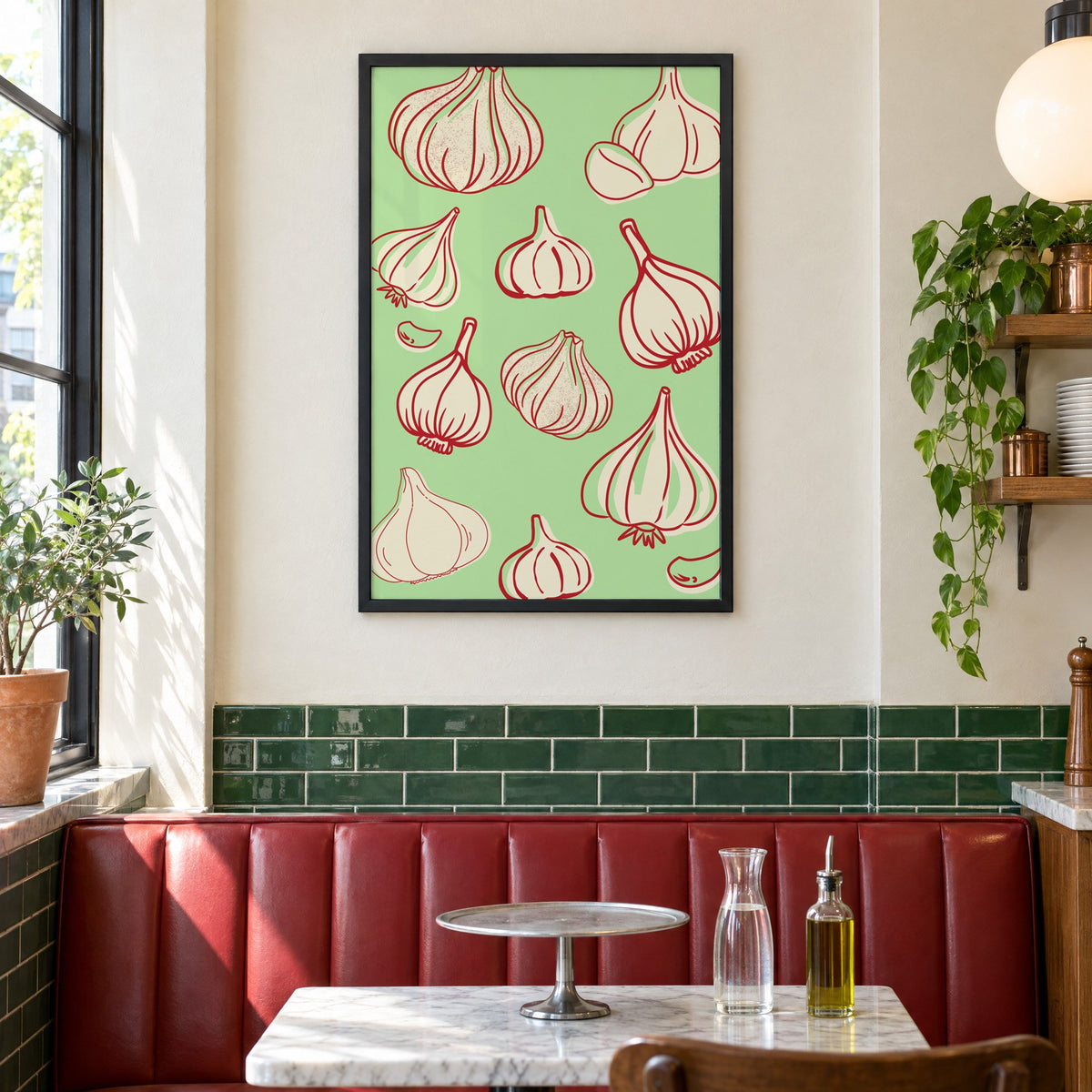 Garlic bulbs red line mint pattern in a black frame above a red leather booth in a sunny pizzeria